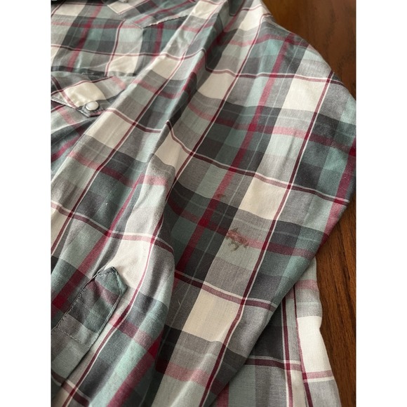 vintage Western Frontier Mens‎ Large Pearl Snap Long Sleeve Plaid Maroon Gray - Picture 3 of 8